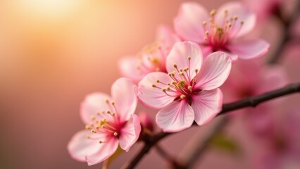 Delicate pink cherry blossoms blooming on branch in warm golden sunlight with soft bokeh background, close up spring flowers macro, concept of womens day, beauty brands, spring holidays