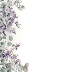 Delicate watercolor floral border featuring purple blossoms and pale green foliage against a white background