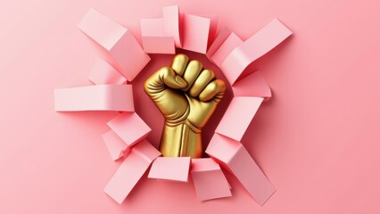 Golden clenched fist powerfully breaking through pink paper wall with flying pieces, dynamic symbol of strength, concept of womens day, female empowerment, feminism, protest movements