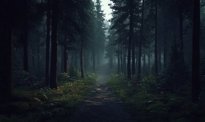 Fototapeta premium Explore the mysterious trails veiled in shadowy woods.