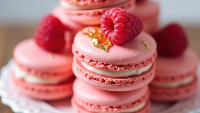 Stack of delicate pink macarons topped with fresh raspberries and edible gold leaf, concept of womens day, luxury patisserie, romantic gift, bakery branding