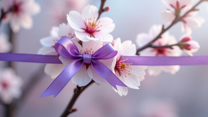 Obraz premium Delicate purple satin bow tied on blooming cherry blossom branch with soft spring bokeh background, tender beauty closeup, concept of womens day, epilepsy awareness, floral greeting cards