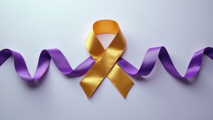 Golden childhood cancer awareness ribbon combined with flowing purple ribbon on clean white background, powerful solidarity symbol, concept of pediatric oncology support, rare disease campaigns
