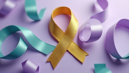 Golden childhood cancer awareness ribbon combined with flowing purple ribbon on clean white background, concept of pediatric oncology support, rare disease campaigns, charity events