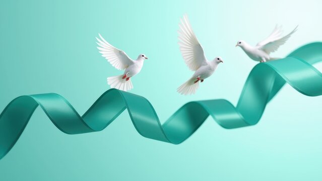 White doves flying along flowing teal ribbon against clean turquoise background with large empty space, peaceful freedom symbol, concept of ovarian cancer awareness, sexual assault support