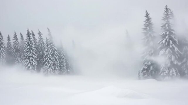 Fierce winter blizzard with strong wind blowing snow across a remote evergreen forest in the mountains. Seamless looping video of a heavy snowstorm.