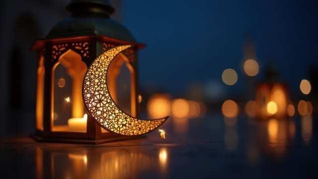 Traditional arabic lantern with glowing candle and ornate crescent moon decoration, warm ramadan atmosphere with bokeh lights, concept of ramadan kareem, eid mubarak, islamic greeting cards
