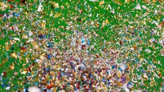 A 4K motion graphic animation capturing a massive colorful confetti explosion, as if fired from a cannon, isolated on a green screen background. 