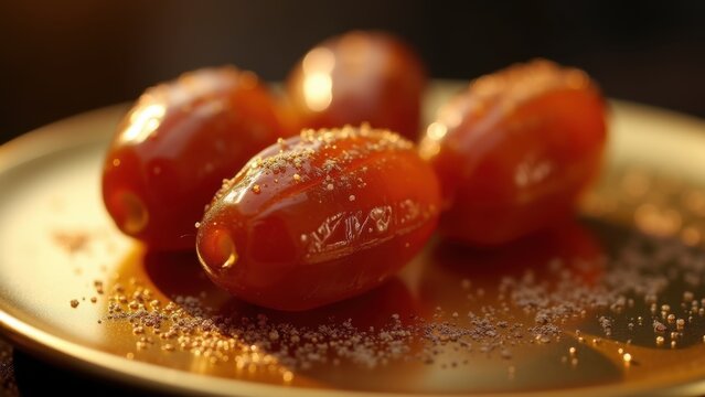 Fresh dates sprinkled with golden sugar on elegant golden plate closeup with warm dark background, luxurious iftar treat, concept of ramadan kareem, eid mubarak, islamic hospitality - Powered by Adobe