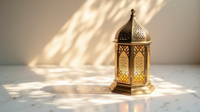Ornate golden arabic lantern casting intricate shadows on marble surface with sunlight beam, elegant ramadan symbol with generous empty space, concept of ramadan kareem, eid mubarak, islamic decor