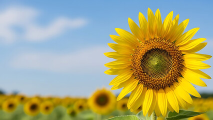 Fototapeta premium Bright Sunflower in Bloom Under Clear Blue Sky in a Summer Field