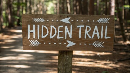 Offbeat summer destinations concept. Wooden sign marking a hidden trail in a lush forest setting.