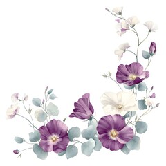 Watercolor rendering displays purple and white blossoms with soft green foliage arranged in a gentle curve