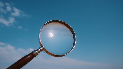 A magnifying glass is held against a bright blue sky its reflecting a luminous moon symbolizing discovery focus and the search for knowledge