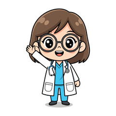 Cute little chibi female doctor character with glasses and coat vector illustration.