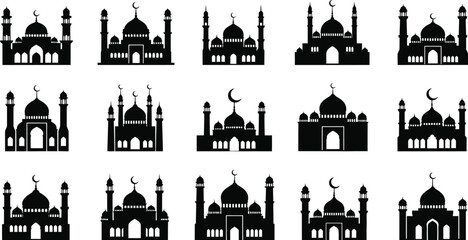 Fototapeta premium Collection of mosque silhouettes for islamic design and ramadan greetings