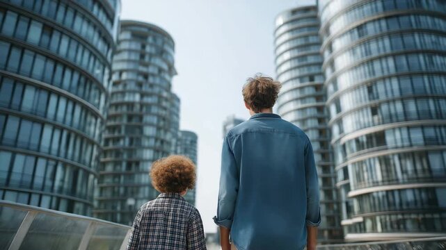 A parent and kid viewing contemporary structures