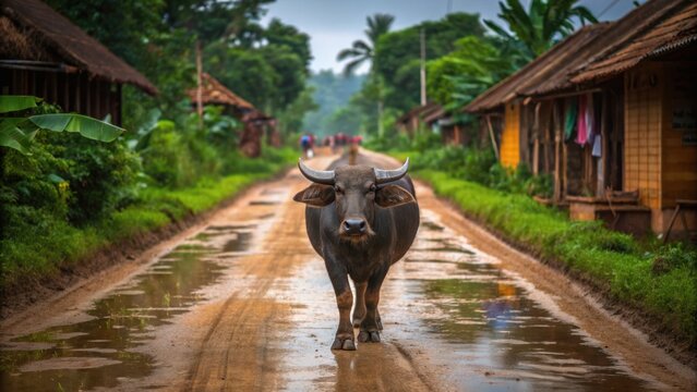 Offbeat summer destinations concept. A water buffalo walks down a muddy road lined with traditional wooden houses.