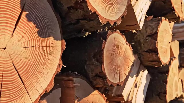Stacked Tree Logs Showing Growth Rings and Bark Texture in Freshly Cut Wood Close Up
