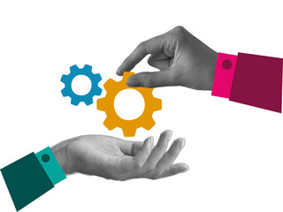 Trendy Halftone Collage Hands with cogs art collage