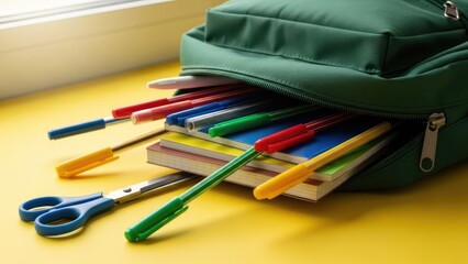 Vibrant green backpack overflowing with colorful pens, notebooks, and scissors on a bright yellow surface, ready for school.