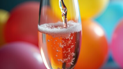 Rose champagne pouring into flute glass with bubbles against colorful balloons background, concept of birthday parties, anniversaries, event agencies