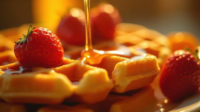Golden honey pouring over fresh waffles topped with ripe strawberries closeup, warm morning light with bokeh background, concept of breakfast menus, cafes, food blogs