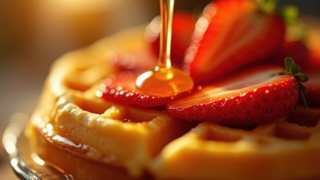 Golden honey pouring over fresh waffles topped with ripe strawberries closeup, warm morning light with bokeh background, concept of breakfast menus, cafes, food blogs