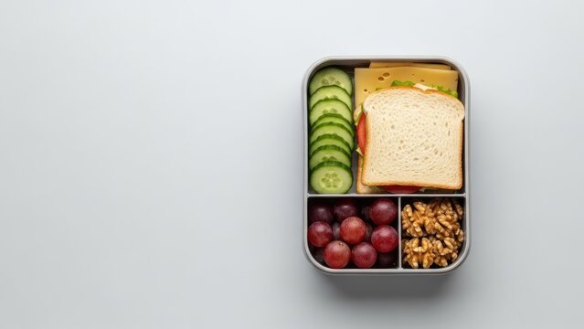 Top view of a healthy lunchbox filled with sandwich, cucumber, cheese, grapes, and walnuts - Powered by Adobe