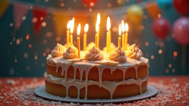 Colorful birthday cake with golden candles and pastel buttercream roses surrounded by macarons and confetti, concept of birthday parties, bakeries, event planners