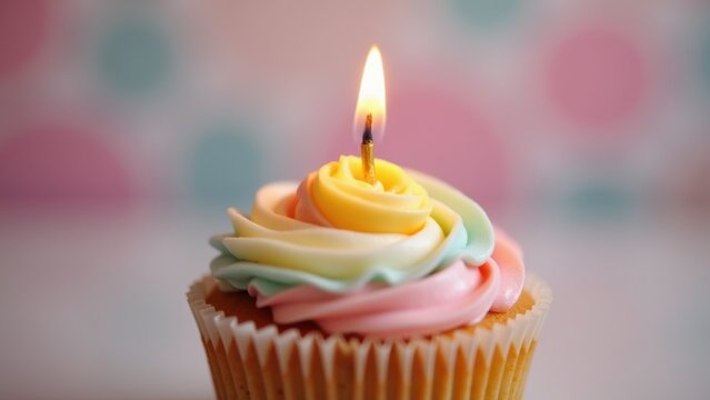 Single pastel rainbow cupcake with swirled buttercream frosting and lit golden candle on soft pink mint blurred background with copyspace, concept of birthday wishes, bakeries, greeting cards