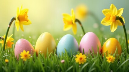 Colorful pastel easter eggs nestled in fresh green grass with bright yellow daffodils under soft morning sun with large copyspace, concept of easter holidays, greeting cards, spring promotions