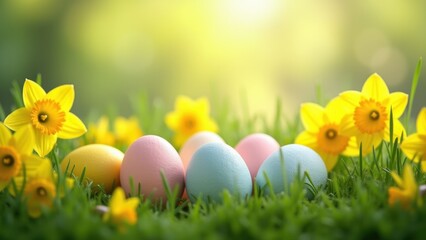 Colorful pastel easter eggs nestled in fresh green grass with bright yellow daffodils under soft morning sun with large copyspace, concept of easter holidays, greeting cards, spring promotions
