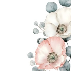 Watercolor depiction of soft pink and white blossoms with accompanying bluish-green foliage arranged vertically on the right side