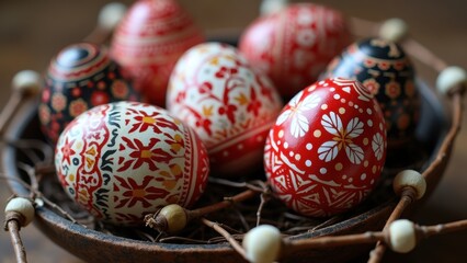 Fototapeta premium Traditional red and black painted easter eggs with intricate wax resist patterns in rustic wooden bowl, concept of slavic easter, orthodox christianity, folk craft workshops