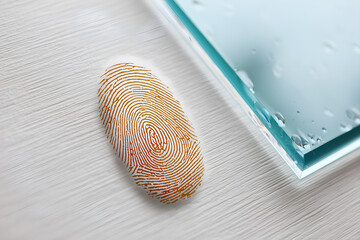 Intriguing fingerprint beside a modern glass block, suggesting cutting-edge tech security or forensic science with a clean, minimalist aesthetic