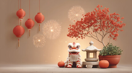 Celebrate a vibrant Lunar New Year with festive lanterns, a traditional lion dance, and stunning fireworks for a joyful, prosperous occasion