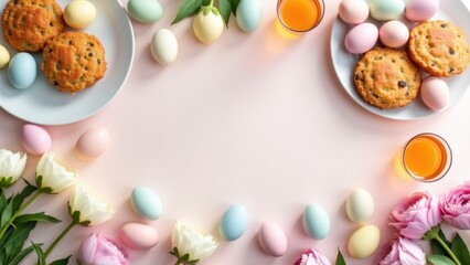 Easter breakfast flatlay with carrot cake slices, pastel eggs, pink peonies and orange juice on soft pink table with copyspace, concept of easter brunch, bakery promotion, spring gatherings