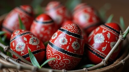 Traditional red and black painted easter eggs with intricate wax resist patterns in rustic wooden bowl, concept of slavic easter, orthodox christianity, folk craft workshops