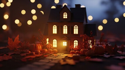 Obraz premium Enchanting miniature house with glowing windows, surrounded by pumpkins and autumn leaves under bokeh lights.