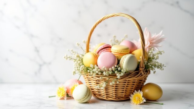 Wicker basket filled with pastel macarons and painted easter eggs surrounded by yellow daisies and white flowers on marble background, concept of easter holidays, bakeries, gift shops