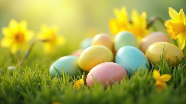Colorful pastel easter eggs nestled in fresh green grass with bright yellow daffodils under soft morning sun with large copyspace, concept of easter holidays, greeting cards, spring promotions