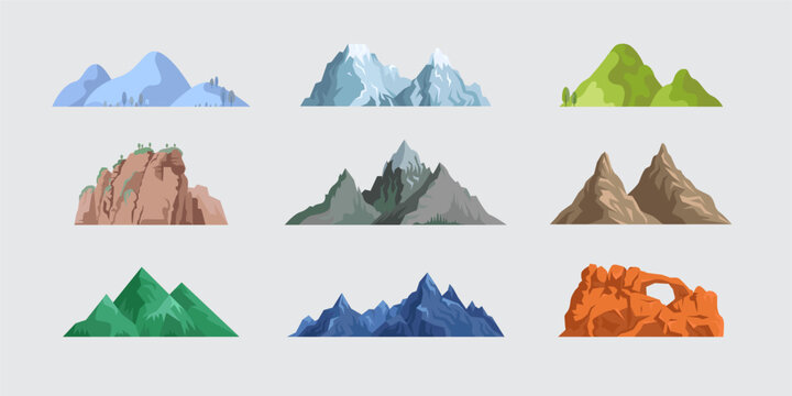 Colorful mountain landscape icon set collection in flat and minimal vector style for game assets map design education and infographic illustration use