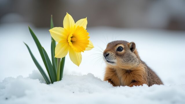 Cute ceramic groundhog emerging from snow beside bright yellow daffodil looking at camera, concept of groundhog day, early spring greeting