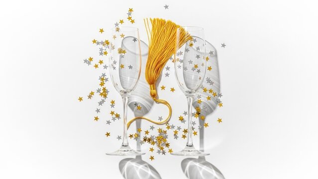 Elegant champagne flutes, golden tassel, and sparkling star confetti on a bright white background with festive shadows.