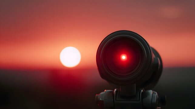 Close up of a red dot sight precisely aimed at a vibrant fiery sunset during the golden hour on the distant horizon - Powered by Adobe