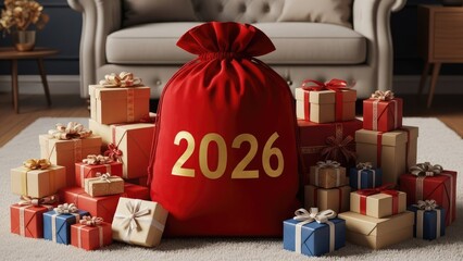 Festive red gift bag with "2026" and many wrapped presents on a cozy rug
