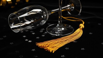Festive scene with two crystal flutes, a golden tassel, and sparkling silver stars on a dark background.