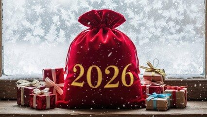 Festive red velvet Santa's sack with '2026' and Christmas gifts on a snowy windowsill.