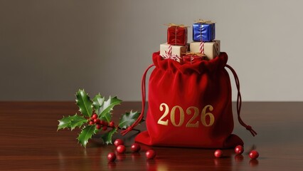 Festive red velvet gift bag with 2026, presents, and holly on a wooden table
